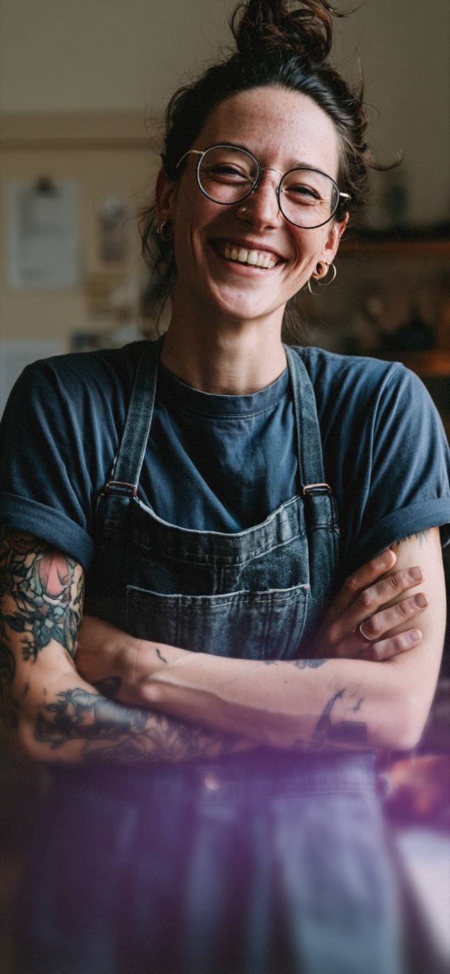 Home barista smiling with crossed arms behind her espresso machine